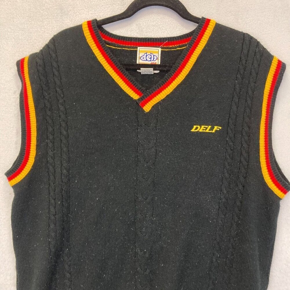 Delf USA‎ Vintage Knit Sweater Vest Mens XL Black Red Hip Hop Retro 90s Y2K - Picture 7 of 13